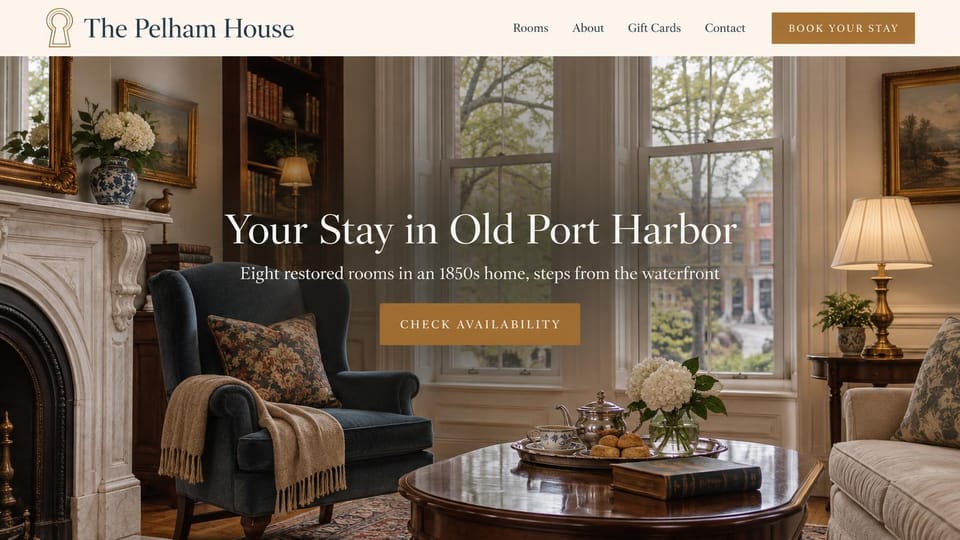 Hotel website design, historic inn in a restored parlor: a lamp-lit historic parlor with a fireplace and armchair behind a centered white serif headline and brass button