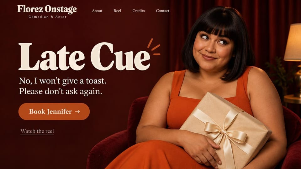 Actor website design, comedic actor hugging a gift box in oxblood: deep oxblood page with red velvet curtains, a huge cream serif headline with small burnt orange accent marks, a rust booking button, an underlined reel link and a smirking woman in an orange dress hugging a wrapped gift in an armchair