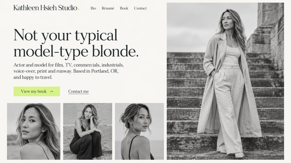 Model portfolio website design, actor and model with a playful headline and a lime button: warm white page, a large dark serif headline, a lime green button, three black and white portraits and a tall photo of a woman in a linen coat on stone steps