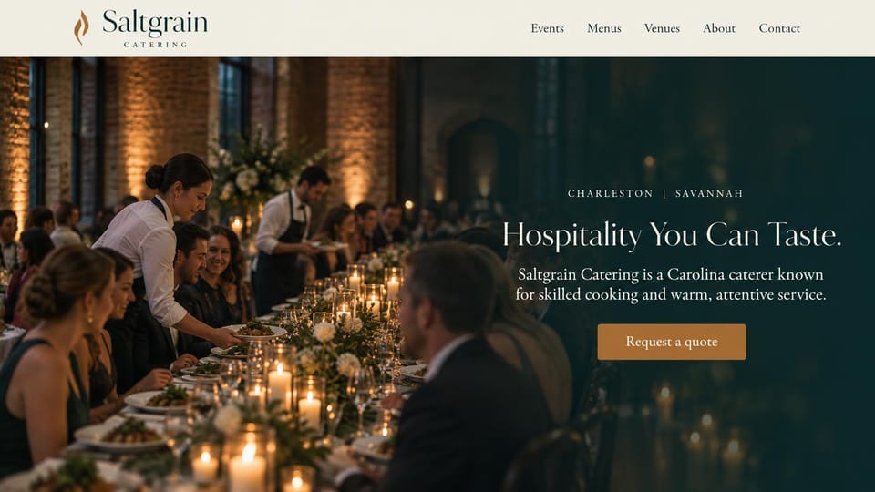 Catering website design, two-city caterer with a teal side panel: cream navigation over a candlelit banquet photo that fades into a deep teal panel with a serif headline and a copper button