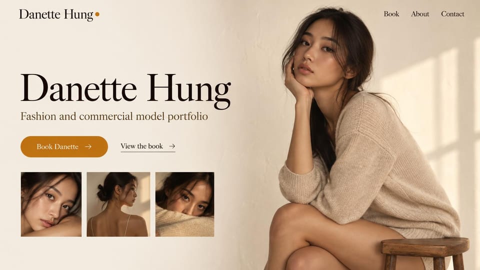 Model portfolio website design, fashion and commercial model in soft sunlit tones: warm cream page, a large dark serif name, an amber booking button, a woman with long dark hair in a beige sweater on a stool and three close-ups