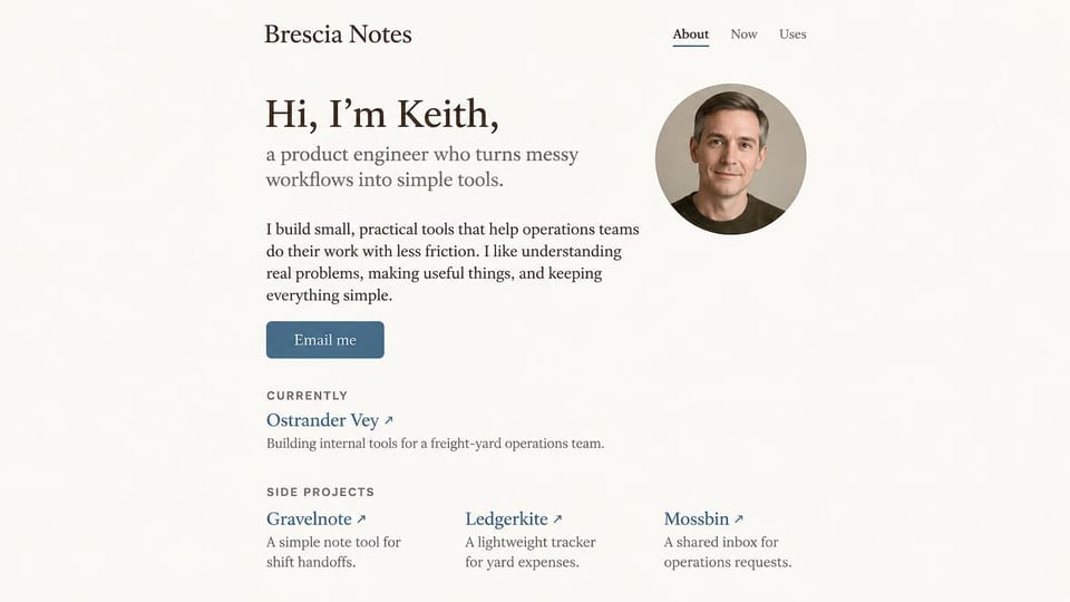 Developer portfolio website design, product engineer with side projects under the hello: warm off-white page, a dark serif hello, a slate blue email button, a round portrait of a smiling man and short lists of current work and side projects in blue links
