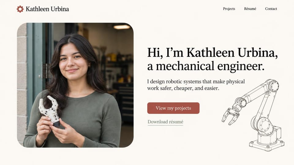 Engineering portfolio website design, mechanical engineer with a robot arm sketch: cream page, a black serif headline, a terracotta button, a woman holding a white robot gripper and a line drawing of a robot arm