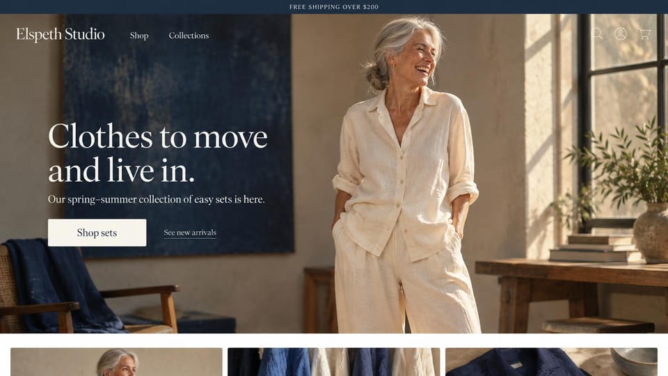 Fashion website design, linen sets for older women in a sunlit studio: navy top bar, a laughing gray-haired woman in a cream linen shirt and trousers in a sunlit studio with a large indigo painting, a white serif headline, a cream button and a link, three photos starting below