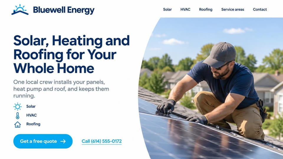 Solar website design, solar with heating and roofing on a white page: white page, a navy headline and a short list of three services with icons, a bright blue quote button, an installer on rooftop panels in a curved photo