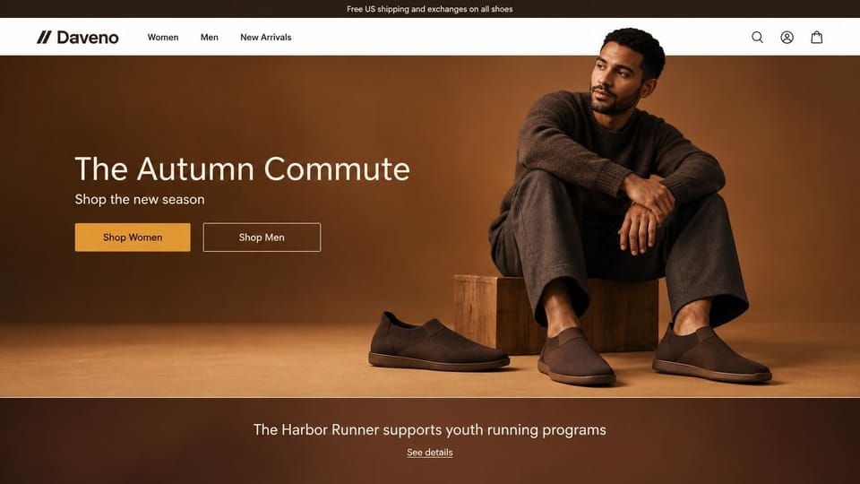 Fashion website design, knit slip-on shoes with a youth running cause: warm brown studio, a man in a brown sweater on a wooden block in brown knit slip-on shoes, a white headline, an orange and an outlined button and a brown band below