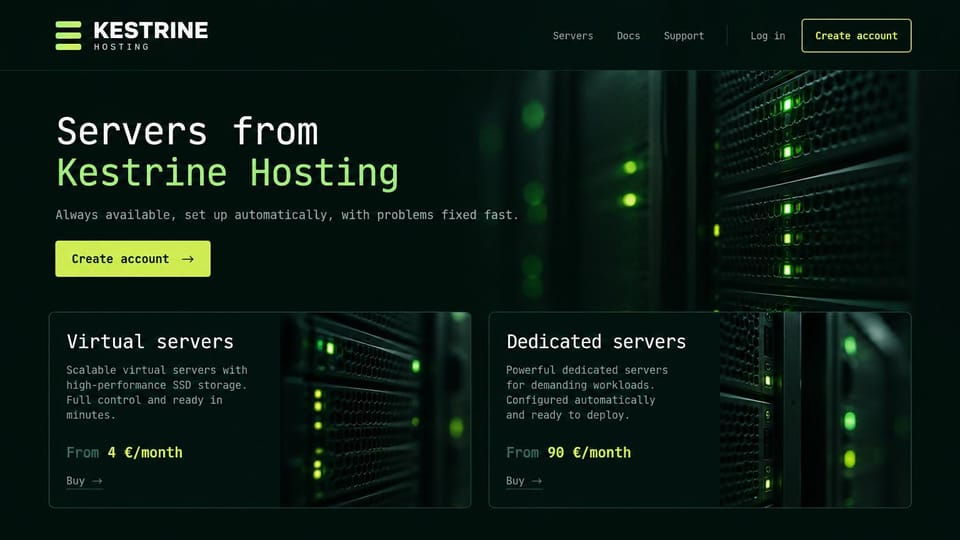 Web hosting website design, virtual and dedicated servers in terminal type: near-black green page, monospace white and green headline, a lime button, two server cards with glowing rack photos and prices