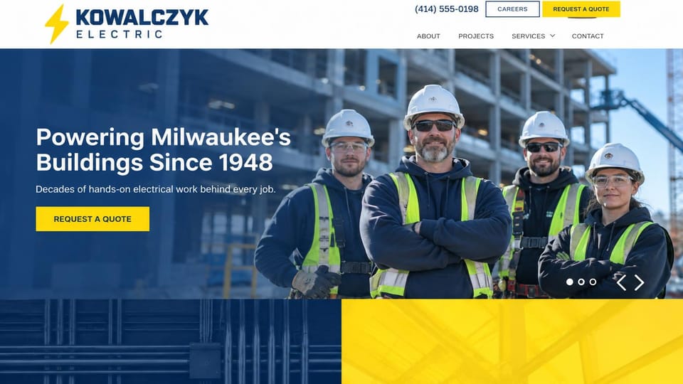 Electrician website design, commercial electrician with a crew portrait: white header with a yellow bolt logo, a blue overlay on four electricians in white hard hats and hi-vis vests in front of a building under construction, a white headline and a yellow quote button