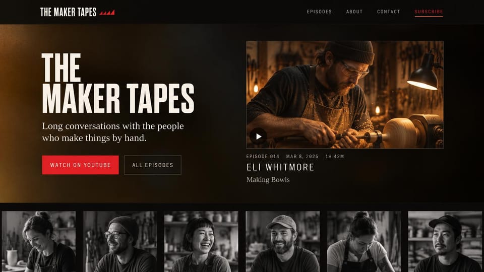 Podcast website design, video interviews with makers: dark brown and cream, a woodturner at a lathe in a video frame, a red watch button and guest portraits