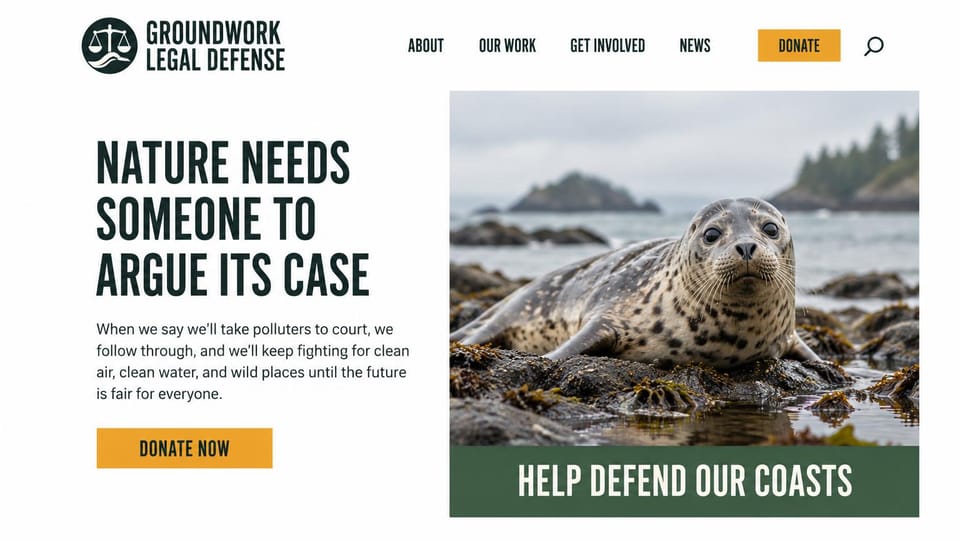 Nonprofit website design, environmental legal defense in poster type: cream and green, tall black condensed headline beside a seal on rocks and a gold donate button