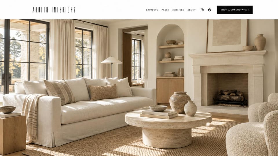 Interior design website design, bright living room under a white header: white header with a tall condensed logo and black consultation button above a sunlit cream living room with a stone fireplace