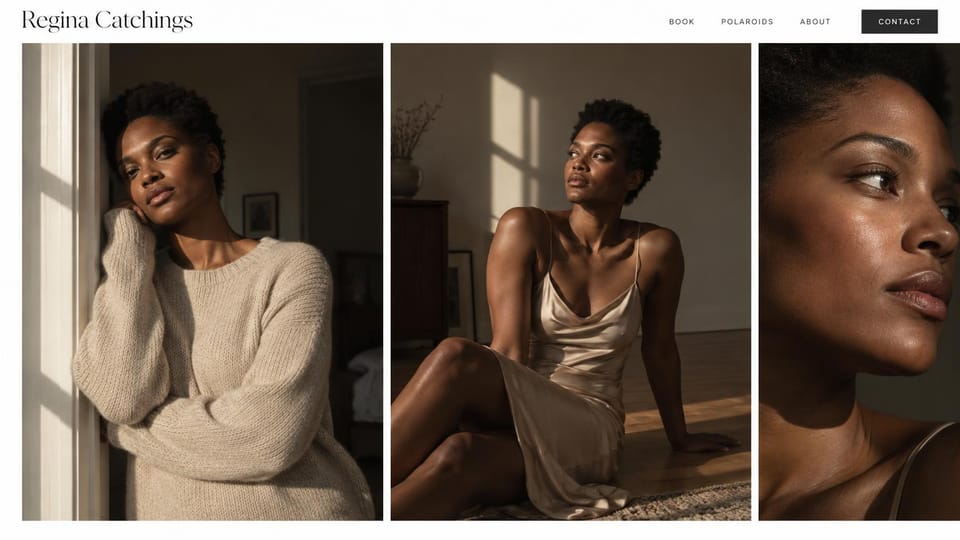 Model portfolio website design, editorial model in warm window light: white page, a serif name, a black contact button and three warm portraits of a woman by a window