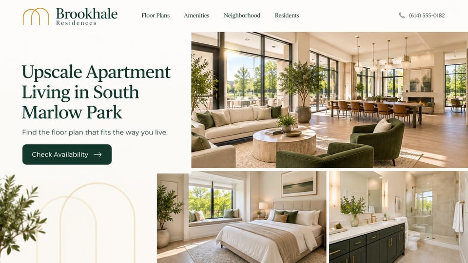 Apartment website design, upscale suburban apartments with a photo collage: ivory page with gold arch outlines, a deep green serif headline and button, a collage of a clubhouse lounge, a bedroom and a bathroom