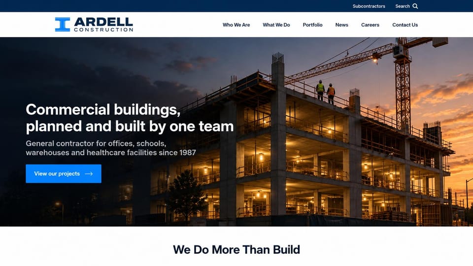 Construction website design, commercial contractor with a frame lit at dusk: white header under a navy top bar, a concrete building frame lit at dusk with a crane, a white headline and a bright blue button