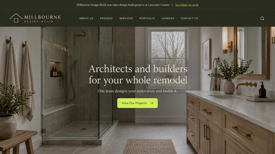 Remodeling website design, architect-led design-build in olive and lime: a dark olive top bar and header, a bathroom with a glass shower and oak vanity, a centered white serif headline and a lime green projects button