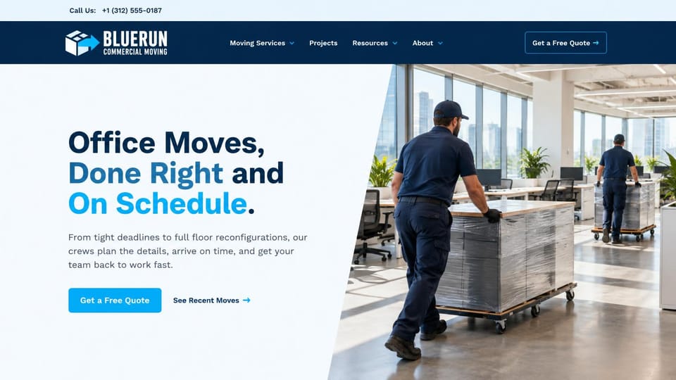 Moving company website design, office moves on a light diagonal layout: navy menu bar, pale blue-white page, a navy and bright blue headline, a photo of movers pushing wrapped office furniture cut on a diagonal