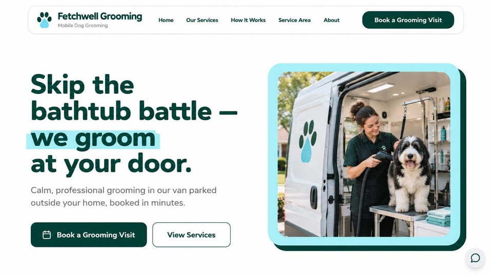 Pet business website design, mobile grooming van with a framed photo: white page, a dark green headline with an aqua highlight beside a framed photo of a groomer and dog inside a van