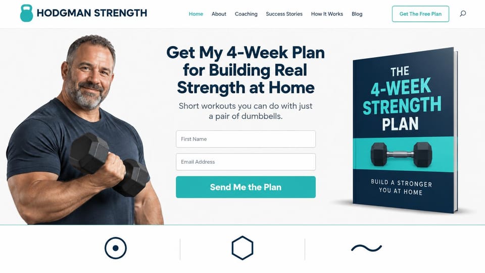 Personal trainer website design, home dumbbell plan offered free as a booklet: white page, a muscular gray-bearded man holding a dumbbell, a centered navy headline, name and email fields, a teal send button, a navy and teal plan booklet, three simple icons below