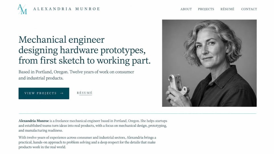 Engineering portfolio website design, freelance mechanical engineer, editorial serif: white page, a deep teal serif headline, a teal button and a black and white portrait of a woman holding a machined part