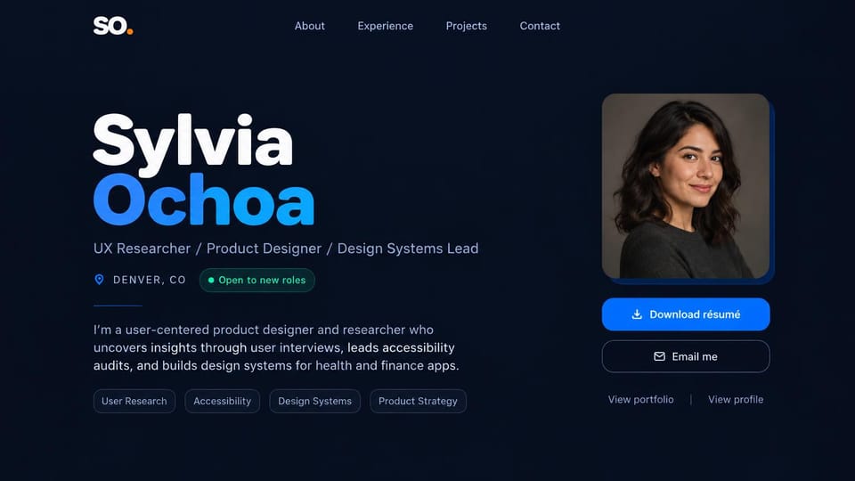 Resume website design, uX researcher with résumé buttons under the portrait: dark navy page, a huge white and bright blue name, a green open to new roles pill, skill tags and a portrait of a smiling woman above a blue résumé button and an outlined email button