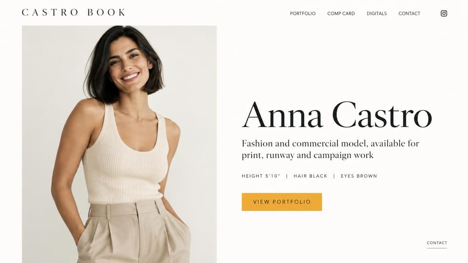 Model portfolio website design, commercial model with a smiling portrait and a yellow button: white page, spaced black capitals, a smiling woman with a dark bob in a cream tank and beige trousers, a large black serif name and a yellow-orange portfolio button