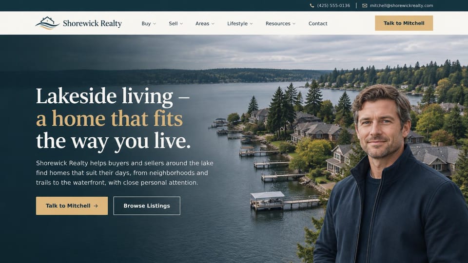 Business website design, lakeside agent with a cutout portrait: navy and gold, an aerial lake shore with docks and homes, a serif headline and an agent in a navy jacket on the right