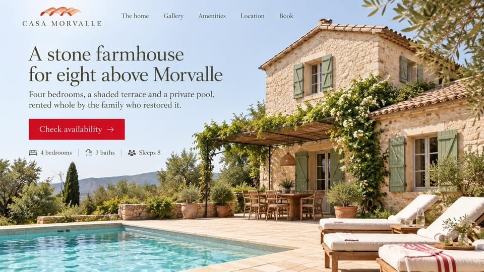 Vacation rental website design, farmhouse villa with the pool in front: pale blue sky, a stone farmhouse with sage shutters, a pergola terrace and a pool with loungers, dark serif headline, red button and a row of icons for bedrooms, baths and guests