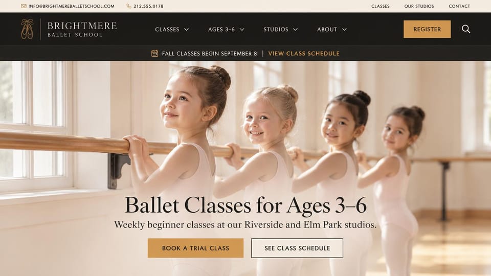 Dance studio website design, preschool ballet with little dancers at the barre: charcoal header with gold, a cream info bar, a photo of small girls in leotards at a ballet barre, a serif headline, a gold trial button