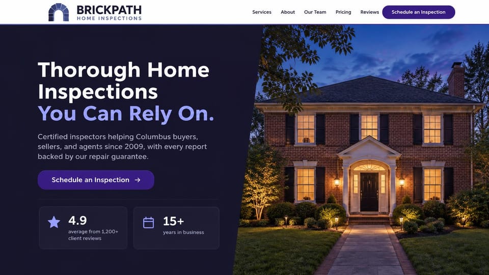 Home inspector website design, repair-backed reports with a dusk house photo: dark navy panel, white and lavender headline, a purple schedule button, rating and years cards, a brick colonial at dusk