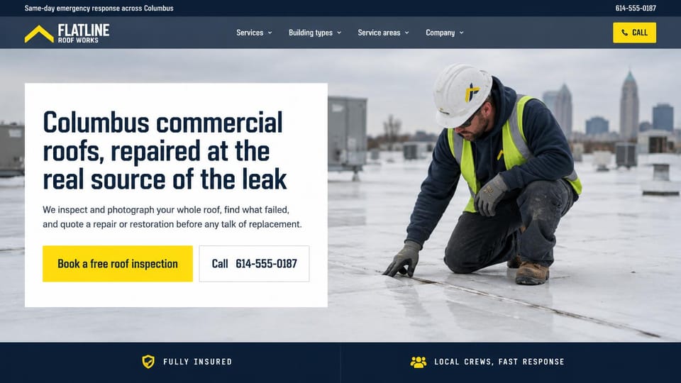 Roofing website design, commercial leak repair in a white text panel: navy header with a yellow call button, a worker in a hard hat checking a white flat roof with a skyline behind, a white panel with a dark condensed headline