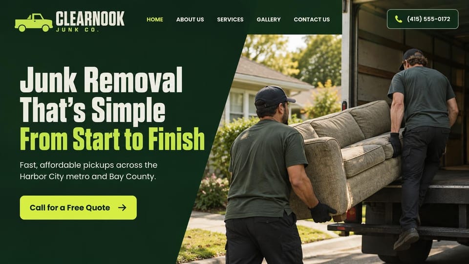 Junk removal website design, junk removal with a bold condensed headline: dark green angled panel, a tall condensed cream and lime headline, a lime call button, a photo of two crew members lifting a sofa into a box truck