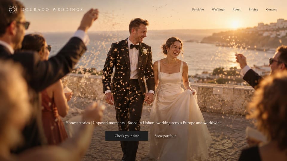 Wedding photographer website design, destination wedding photographer with a confetti send-off: golden sunset terrace above the sea, a couple walking through thrown confetti between guests, a small line of white text and a dark button