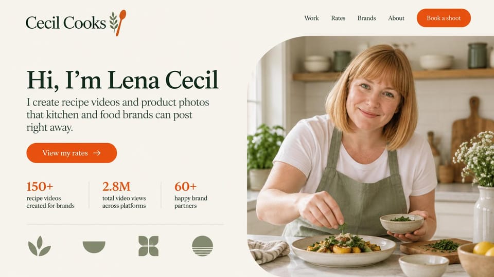 UGC portfolio website design, recipe videos with results up front: cream page, dark green serif, orange buttons, a woman in a sage apron garnishing a dish, a row of green symbols