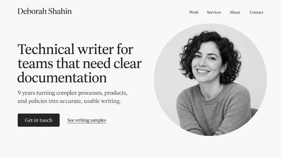 Writer website design, technical writer with a round portrait: light gray page, a large charcoal serif headline, a black button and a big round black and white portrait