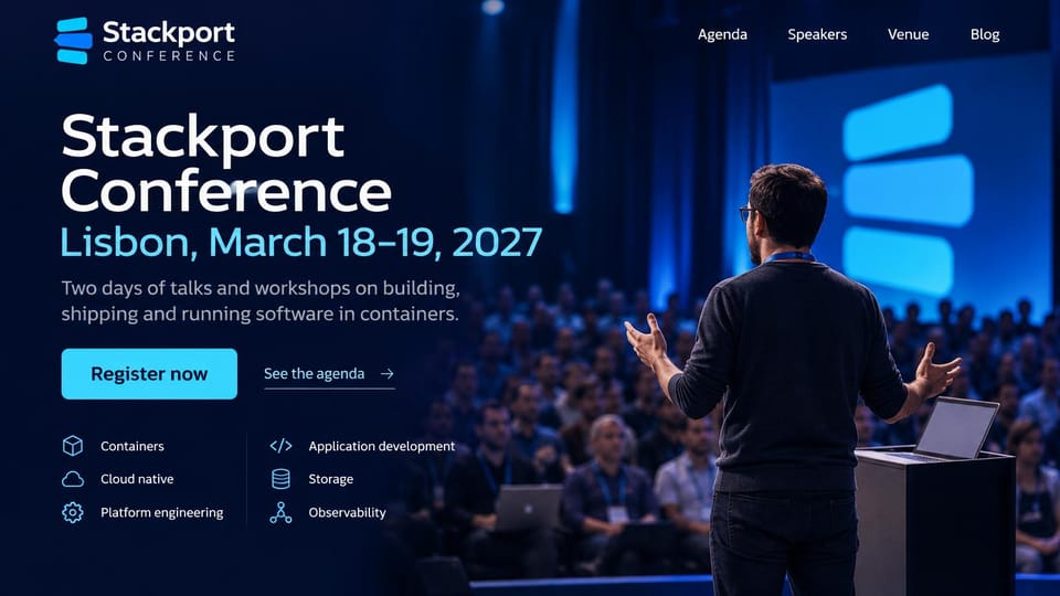 Event website design, developer conference with a topic list: dark blue photo of a speaker facing a large audience, white headline, light blue date line, light blue register button, topic icons
