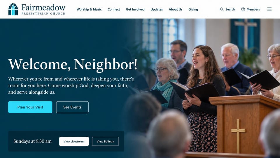 Church website design, presbyterian church with the choir in view: teal overlay on a choir singing by a pulpit, white serif headline and a dark service time bar
