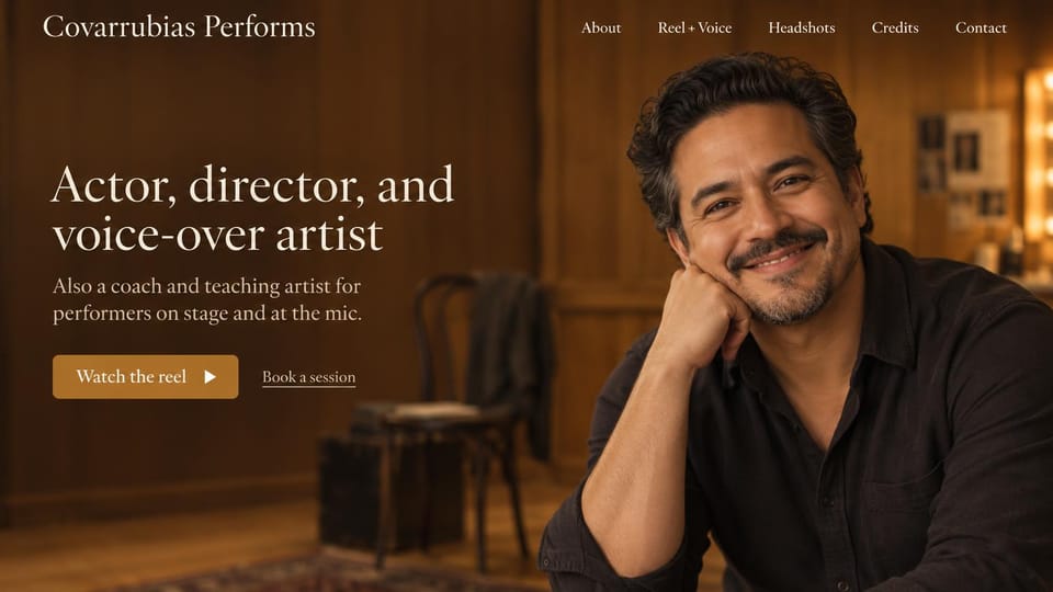 Actor website design, voice-over artist, director and coach in a wood-paneled studio: warm brown wood-paneled studio, a cream serif headline, an amber reel button and a smiling man with graying hair resting his chin on his hand
