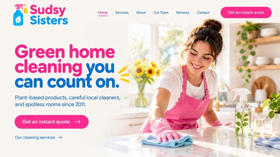 Cleaning service website design, green home cleaning in bright pink and blue: warm white page, a bold pink and blue headline, a pink quote button and a cleaner in a pink apron wiping a sunny kitchen counter