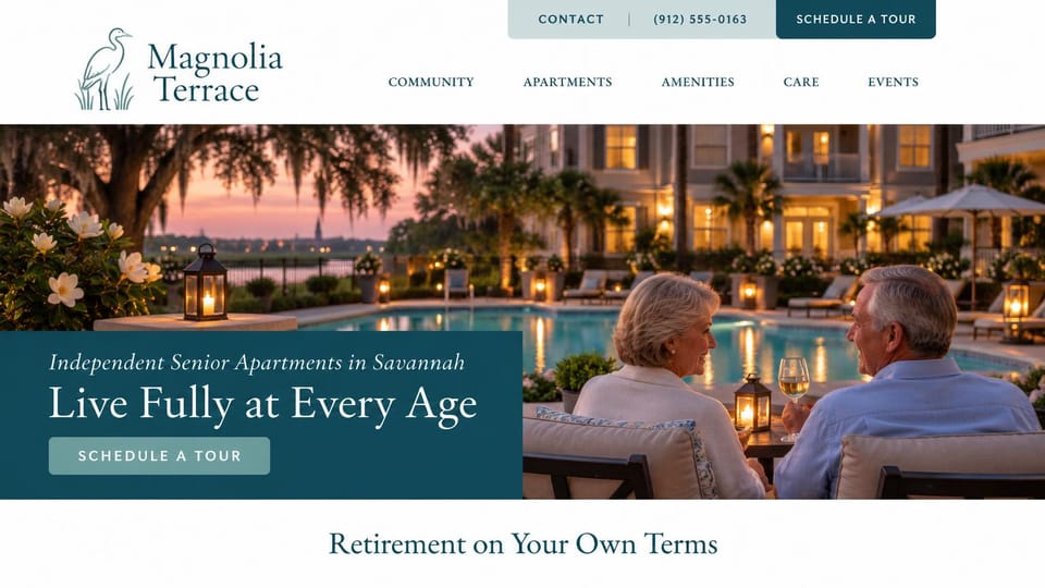 Apartment website design, independent senior apartments by the pool: white header with a heron logo, a sunset pool courtyard with palms and hanging moss, an older couple with wine glasses, a deep teal panel with a white serif headline