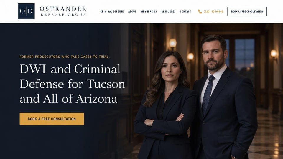 Law firm website design, criminal defense, former prosecutors: navy and gold, two attorneys in a courtroom beside a serif headline