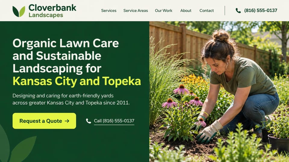 Landscaping website design, organic lawn care with a bold green panel: cream header, deep green left panel with a white and lime sans headline and a lime quote button, a gardener in gloves planting coneflowers on the right