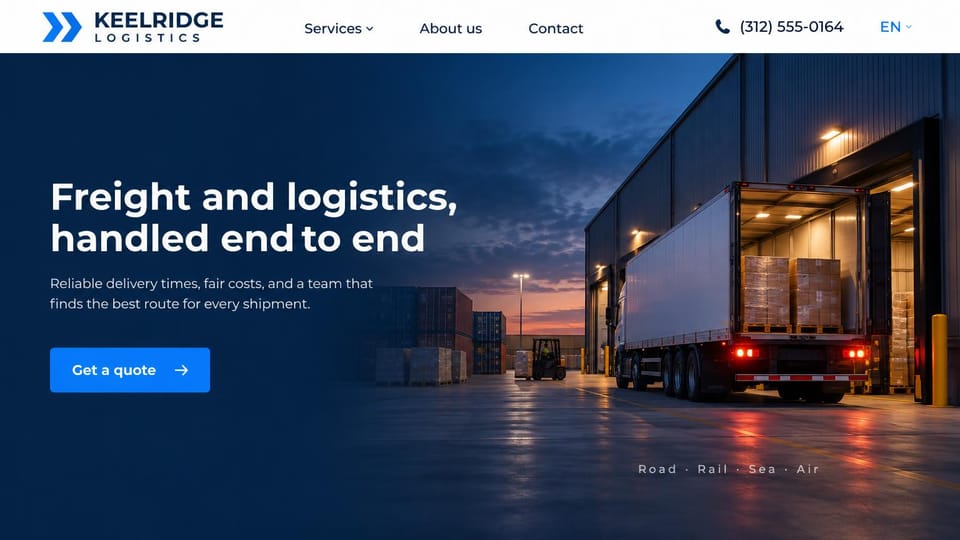 Logistics website design, road, rail, sea and air forwarding at dusk: white header, a navy dusk photo of a truck with open doors at a lit warehouse, white headline, blue quote button