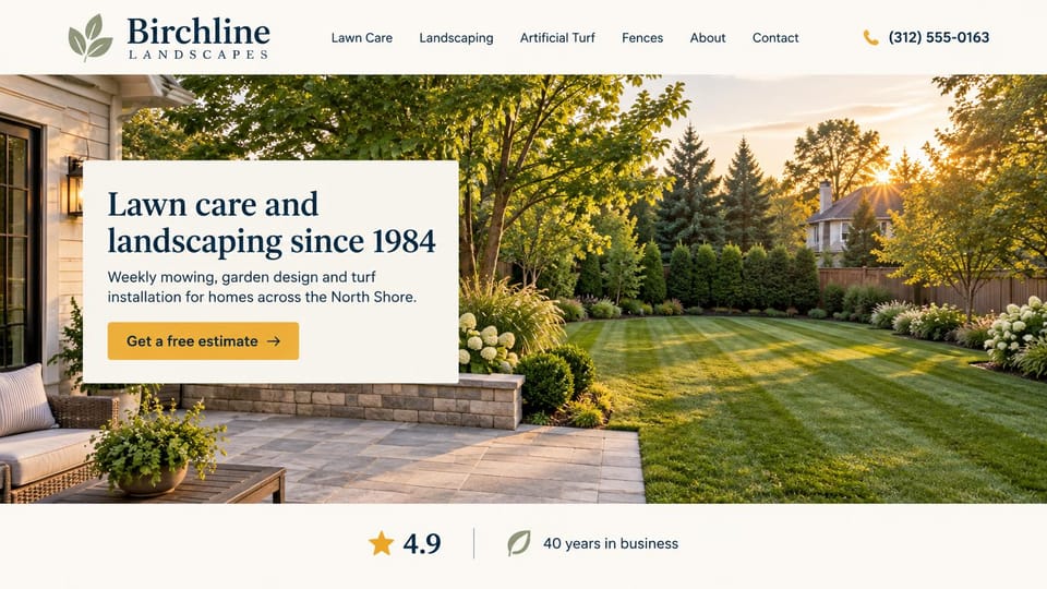 Landscaping website design, lawn care and landscaping with a rating below the photo: cream header, sunset photo of a striped lawn and paver patio, cream text box with a navy serif headline and golden estimate button, a star rating and leaf icon strip below