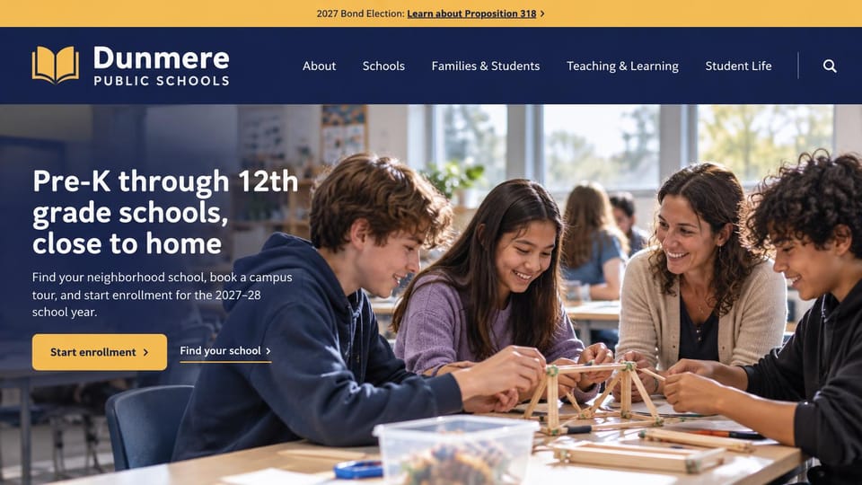 School website design, school district with a bond election bar: yellow top bar and navy header, students and a teacher building a stick bridge, a white headline, gold buttons