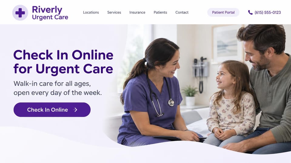 Medical practice website design, urgent care with online check-in first: white and pale lavender, a deep purple headline and purple check-in button beside a nurse talking with a girl and her father