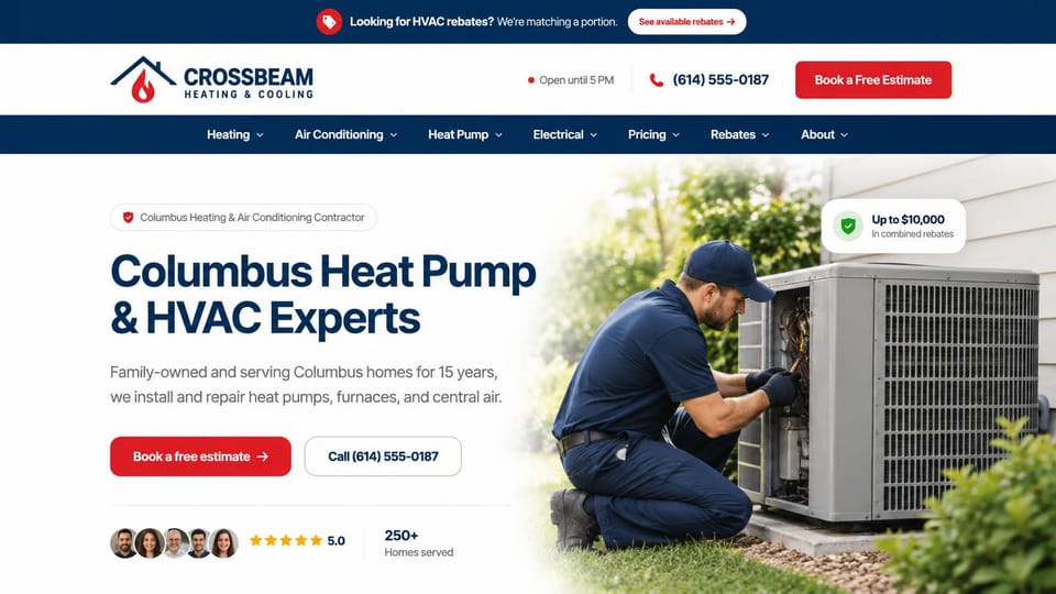 HVAC website design, heat pumps with rebates up front: navy rebate bar and menu bar, white page with a large navy headline, a red estimate button, a technician working on a heat pump with a white rebate card