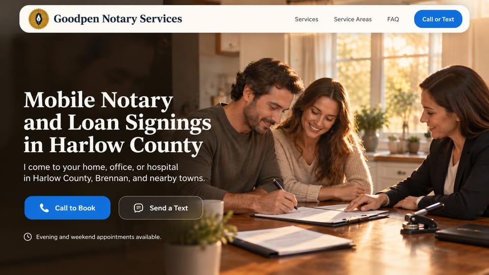 Notary website design, mobile notary and loan signings with call and text buttons: rounded white menu bar, a dark overlay on a sunny kitchen photo of a couple signing with a notary, a large white serif headline, a blue call button and an outlined text button