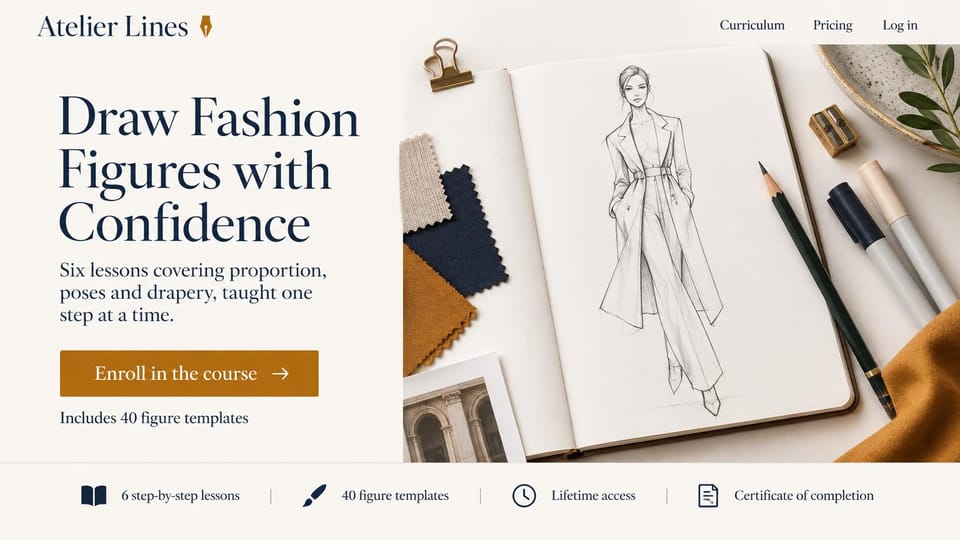 Landing page website design, creative course with a sketchbook flat lay: cream page, large serif headline, mustard enroll button, an open sketchbook with a fashion figure drawing and fabric swatches
