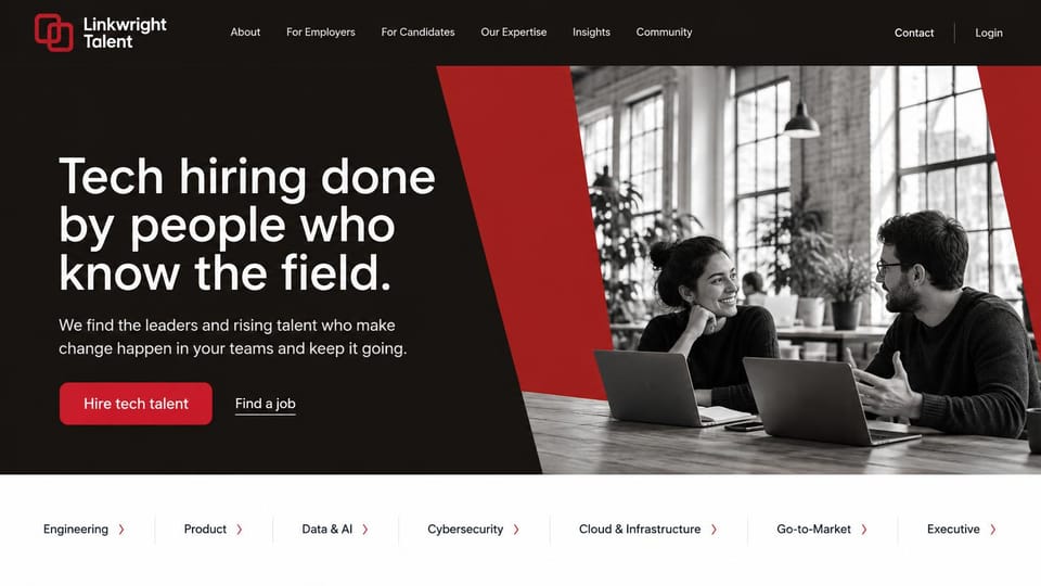 Recruiting website design, tech recruiting in black, white and red: black hero with a white headline and a red button beside a black and white photo of two colleagues at laptops, a red diagonal band and a white strip of role categories