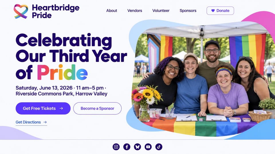 Event website design, small-town Pride with free tickets and a sponsor button: white page with a rainbow heart logo, purple headline with a rainbow word, purple free ticket button, outlined sponsor button, volunteers at a booth with Pride flags in a soft blob frame